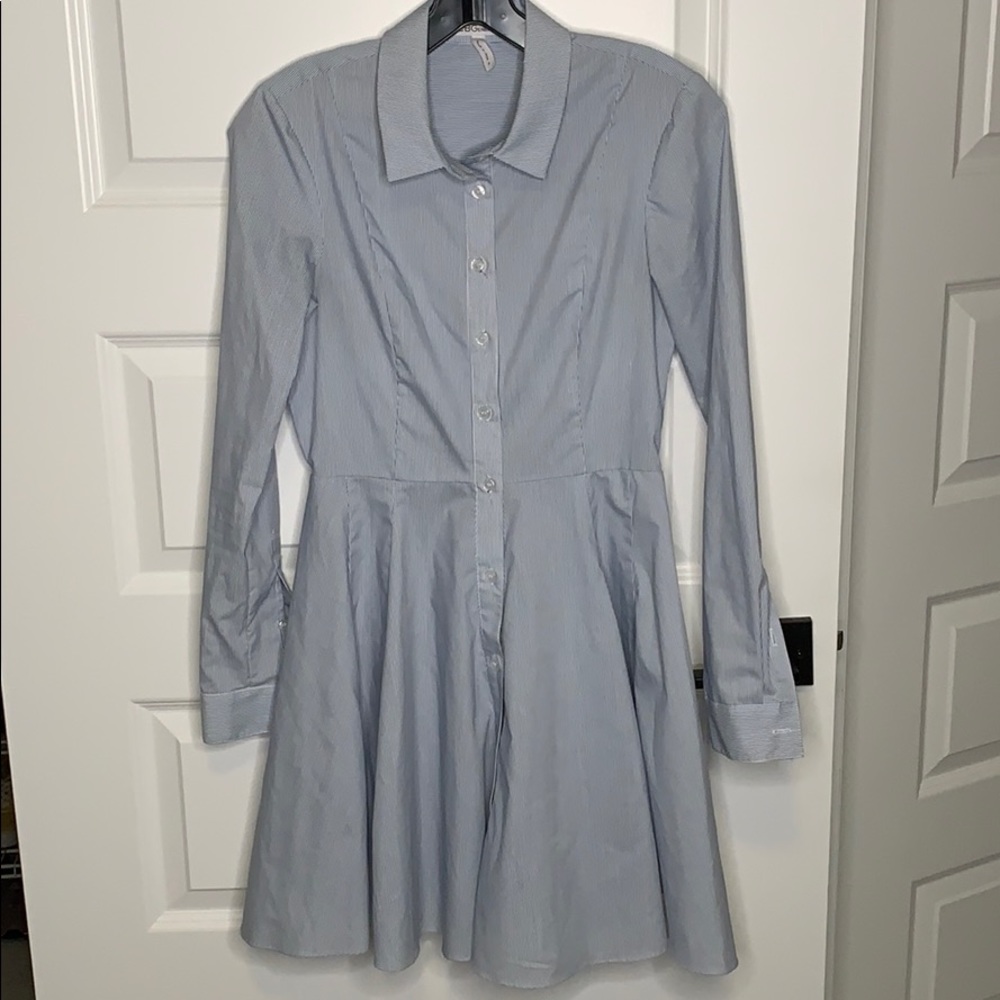 BCBG pinstripe long sleeve peplum dress